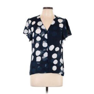 DKNY Womens Navy & White Polka Dot V-Neck Blouse M